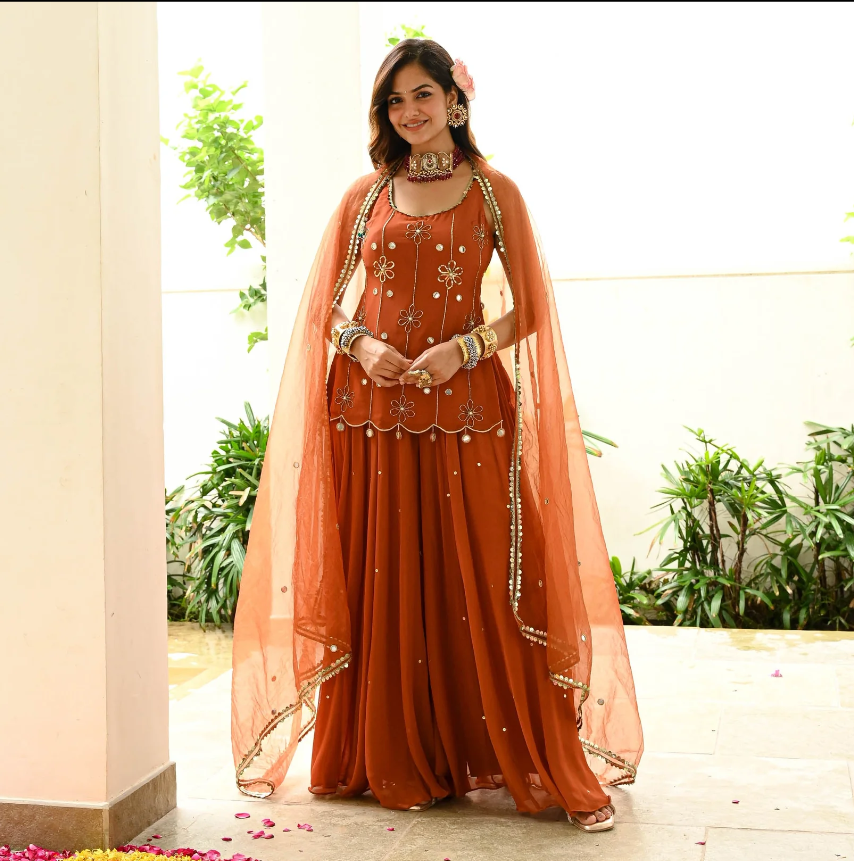 Rust Elegance Georgette Festive Suit Set