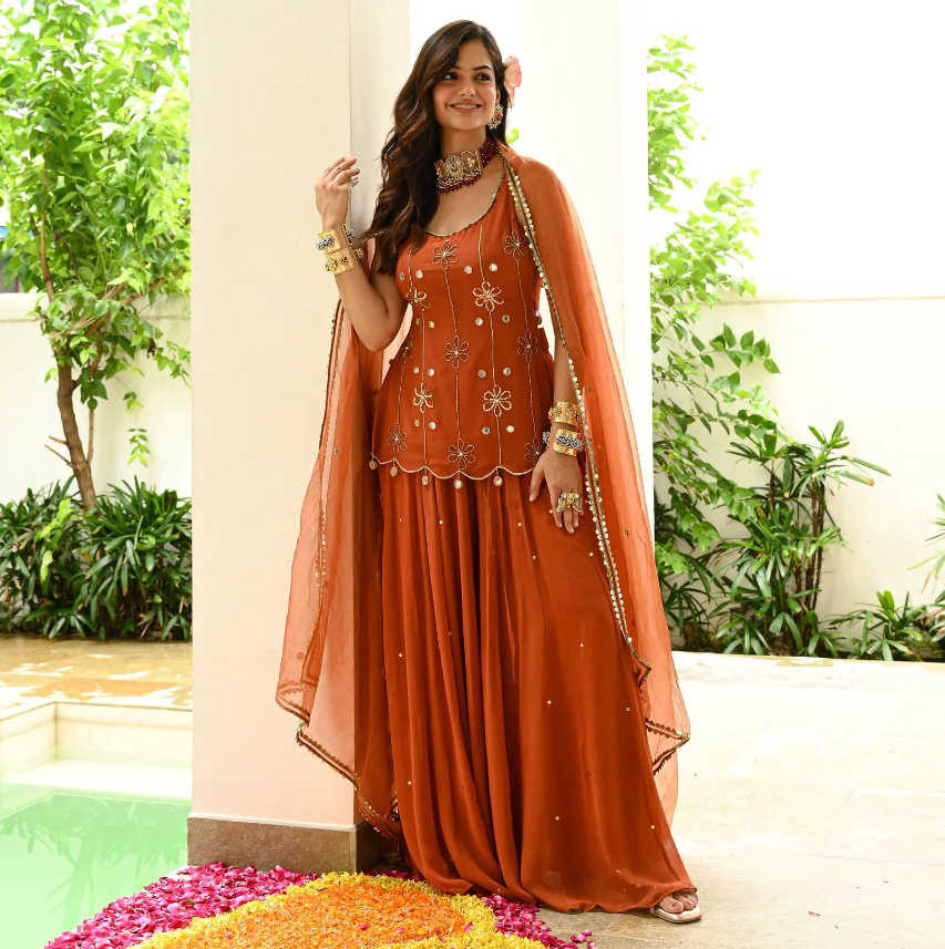 Rust Elegance Georgette Festive Suit Set