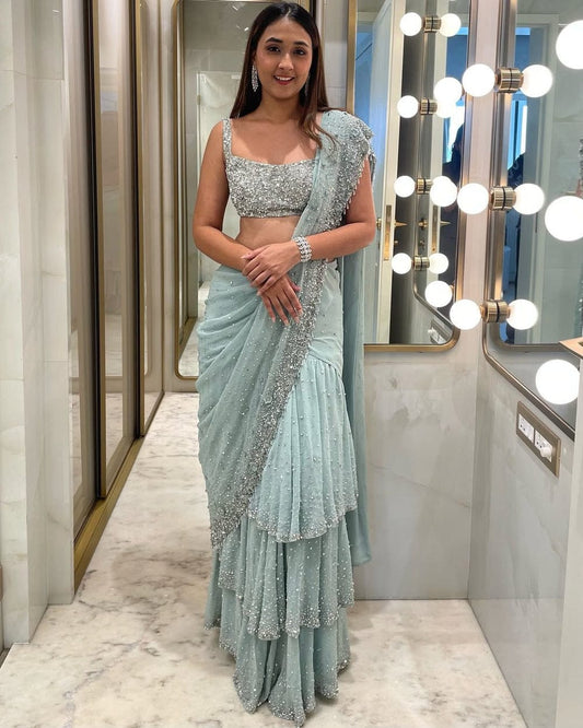 Soft Pink & Blue Dazzling Lehenga Saree