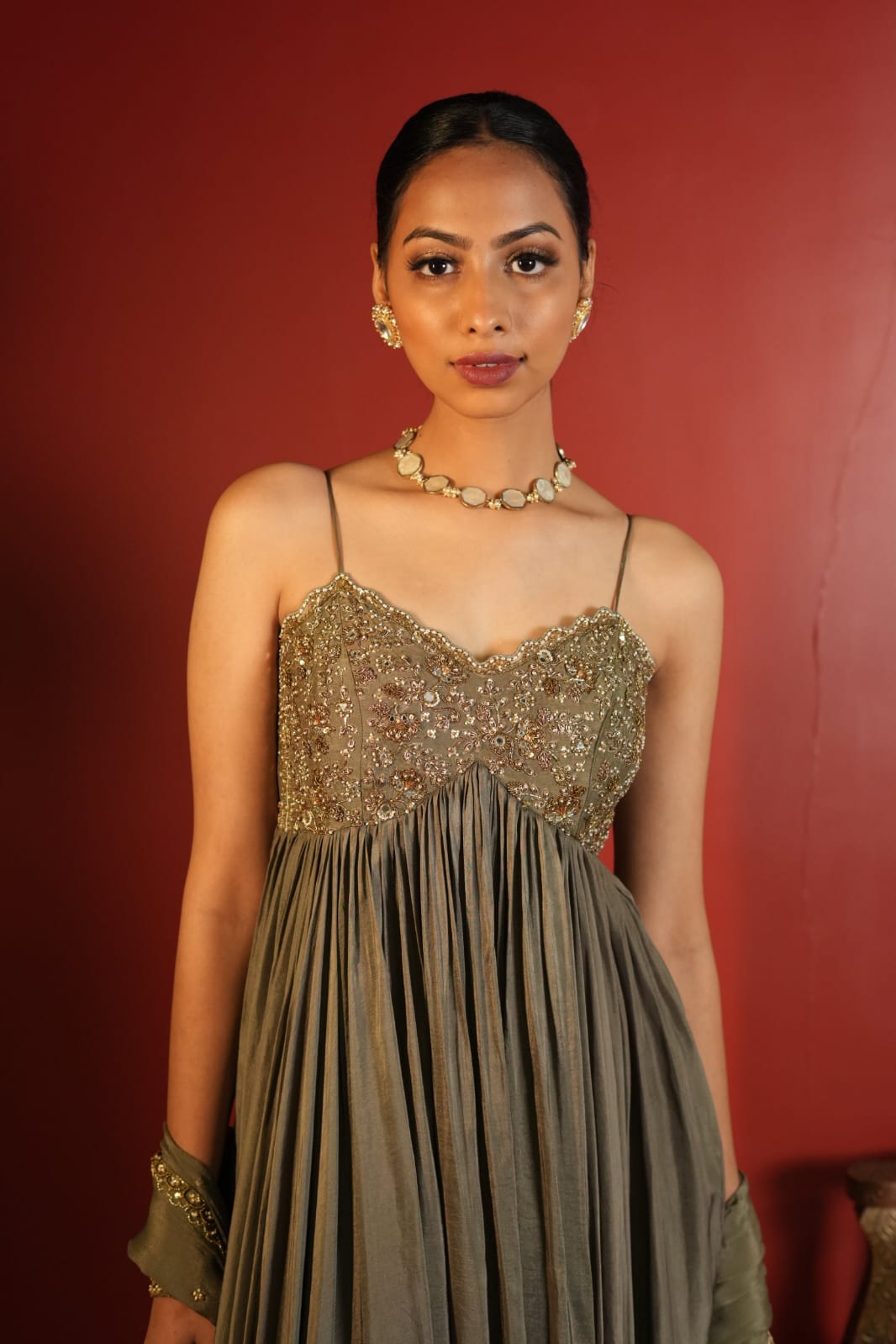 Olive Noor Zardozi Anarkali Set