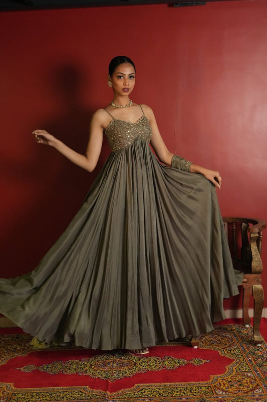 Olive Noor Zardozi Anarkali Set