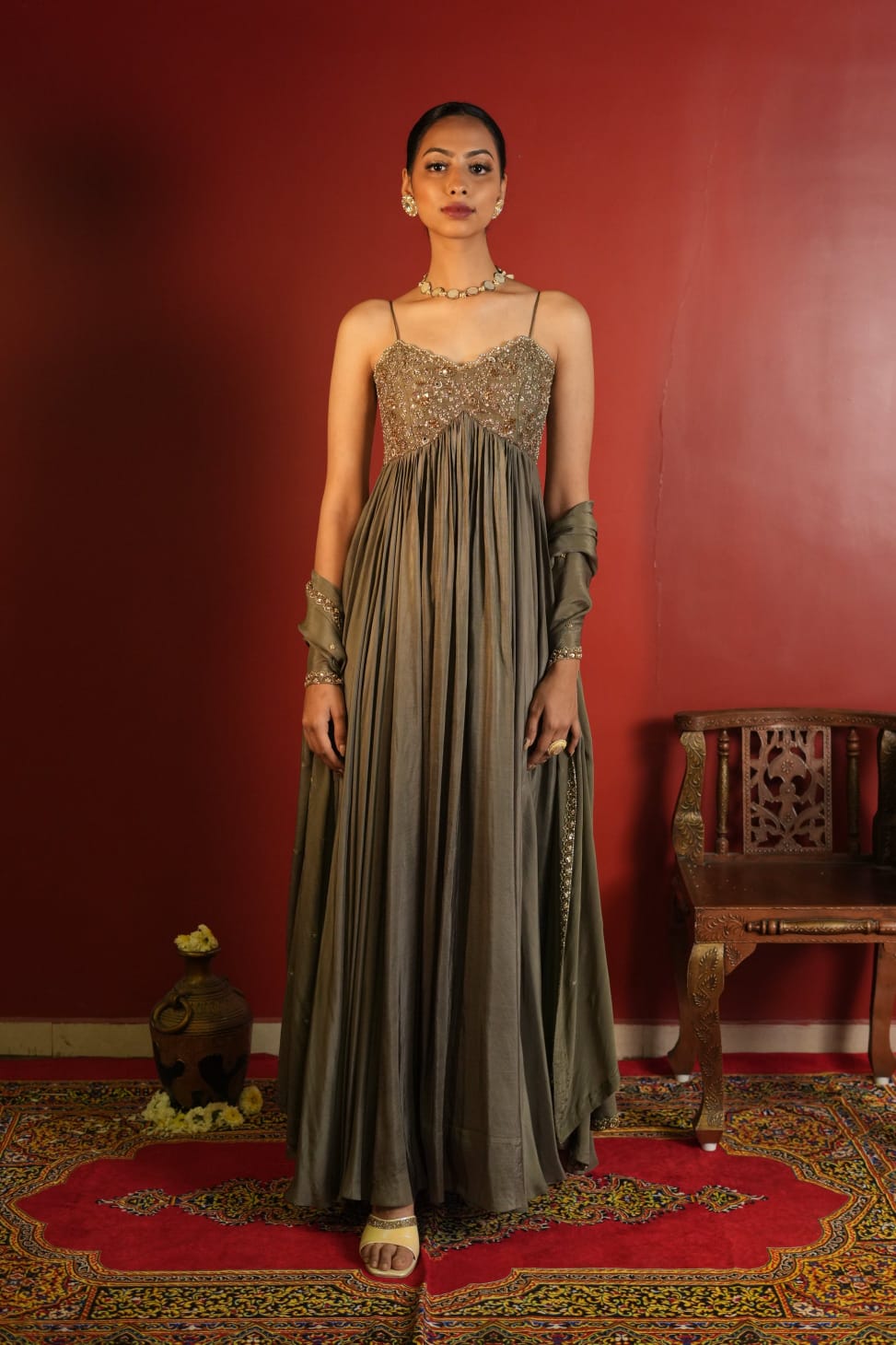 Olive Noor Zardozi Anarkali Set