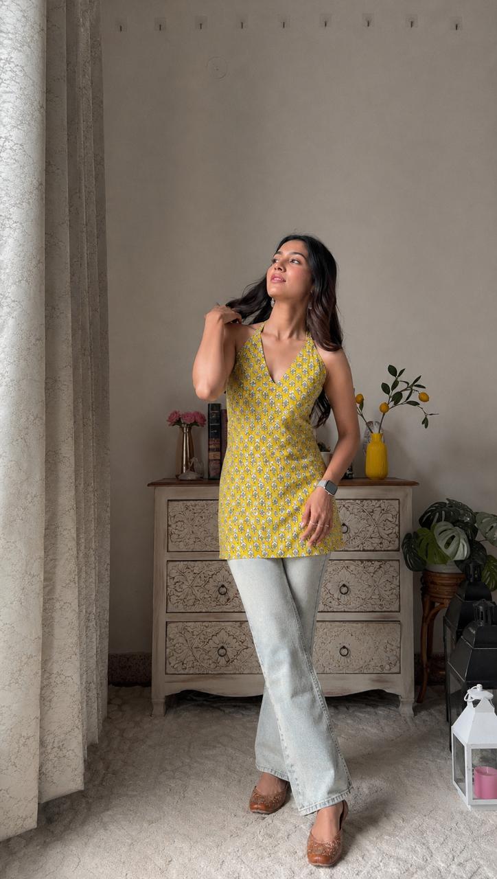 Yellow Meadow Print Short Kurti